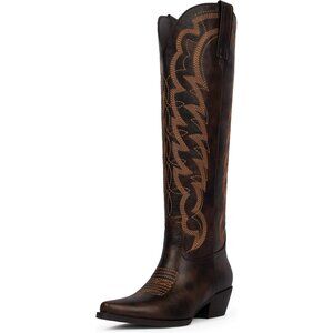 Women Chocolate Embroidered Fabric Cowboy Pull on Western Knee High Boots